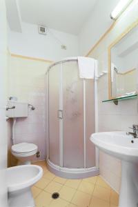 里米尼斯特雷萨酒店的带淋浴、卫生间和盥洗盆的浴室