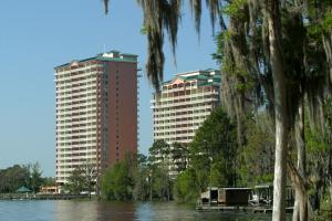 奥兰多蓝苍鹭海滩度假酒店的两座高楼,毗邻一条树木繁茂的河流