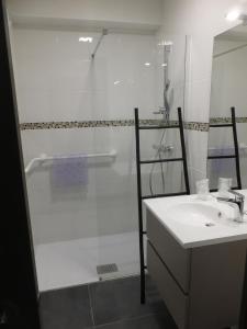 Ornolac-Ussat-les-BainsRésidence Thermale du Parc的带淋浴和盥洗盆的白色浴室