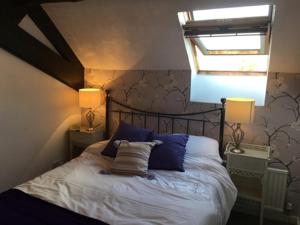 谢伯恩斯通谷仓住宿加早餐旅馆的一间卧室配有一张带蓝色枕头的床和一扇窗户。
