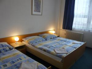 布拉格哈萨酒店的配有两盏灯的小房间内的两张床