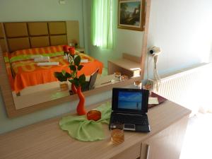 奥林匹亚基·阿克蒂白玫瑰海滩酒店的客房设有一张桌子和一台笔记本电脑