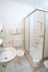 奥斯特罗德Hotel garni Harzer Hof的带淋浴、卫生间和盥洗盆的浴室