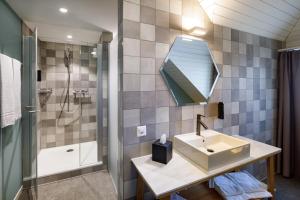 卢塞恩Hotel Münzgasse - Self Check-in的一间带水槽、淋浴和镜子的浴室