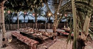 圣安德烈Campo Bahia Hotel Villas Spa的一组木桌,长凳和棕榈树