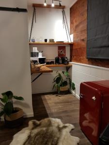 旺阿雷Studio9的一间厨房,里面放着红色的行李箱