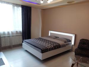 乌日霍罗德Uzh Apartments的一间卧室配有一张床和一把椅子