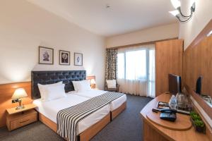 阳光海滩Lotus Family Hotel - Free Parking的酒店客房配有一张床、一张书桌和一台电视。