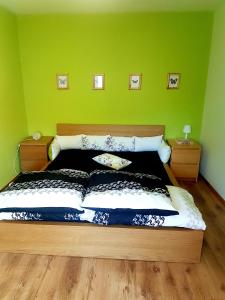 博伦多夫Ein Trip in die Natur的一间卧室配有一张带绿色墙壁的床
