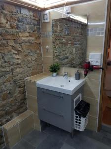 里昂歌剧小屋公寓的一间带水槽和石墙的浴室