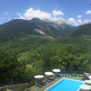 梅加克瑞奥Forest Suites Boutique Hotel的一个带遮阳伞的游泳池,享有山景