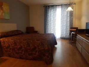 加蒂诺绿山墙汽车旅馆的一间卧室配有一张床、一张书桌和一个窗户。