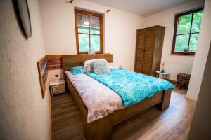 DvorGuest House Frata的一间卧室设有一张床和两个窗户。