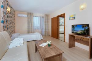 阳光海滩休闲假日SPA综合酒店的酒店客房,配有床和电视