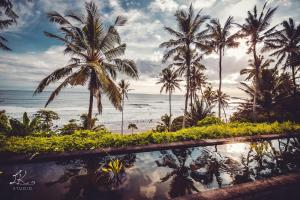 塞莱马德加努玛珍巴厘岛别墅酒店的享有棕榈树海滩和大海的景色