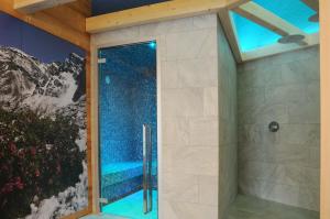 埃多洛TOURING HOTEL & SPA的浴室里设有玻璃门淋浴