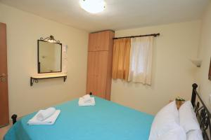 佩科霍里Katerina Apartments的一间卧室配有蓝色的床和镜子