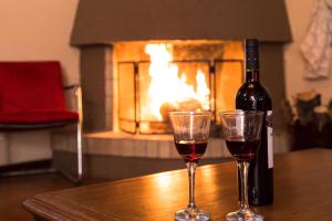 坎波斯杜若尔当Pousada Vale Verde的壁炉桌子上放有一瓶葡萄酒和两杯酒