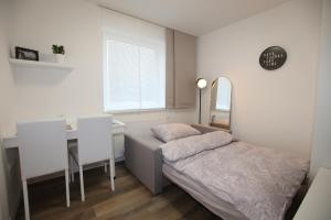 马里博尔Elegant central Apt Maribor w/Parking的一间卧室配有一张床、一张书桌和一面镜子