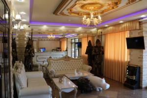 沃罗涅什Hotel Zamok Korolya的带沙发和吊灯的客厅