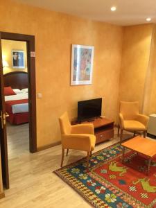 布尔戈斯科登酒店的配有电视、两把椅子和一张床的房间