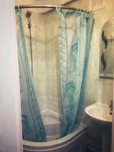 扎托卡Kvartira v Zatoke的一间带蓝色淋浴帘的淋浴的浴室