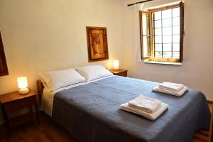 米洛帕莫斯Mylopotamos Beach House的一间卧室配有蓝色的床和2条毛巾