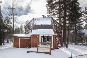 马姆莫斯湖Tree House- Walk to Mammoth Village的雪中的小房子,前面有椅子