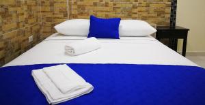 莱蒂西亚Hotel Zafiro的一张大床,配有蓝色和白色的床单和毛巾
