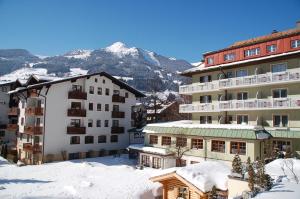 巴特霍夫加施泰因劳舍尔帕拉塞尔苏斯酒店的雪中与山地的一组建筑