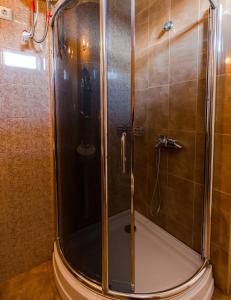 科布列季Hotel Simpatia的浴室里设有玻璃门淋浴