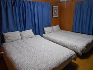 船桥市家庭度假公寓的配有蓝色窗帘的客房内的两张床