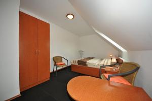 Přísečná普拉克缇克克鲁姆洛夫旅馆的卧室配有一张床和一张桌子及椅子