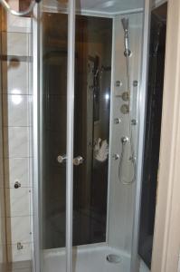 巴特卡尔斯哈芬Hotel Zur Rose的浴室里设有玻璃门淋浴