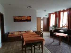 萨扎瓦河畔兹鲁奇塞克姆旅馆的客厅配有桌子和沙发