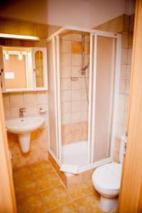 佐洛卡罗斯Club MenDan Aparthotel的带淋浴、卫生间和盥洗盆的浴室