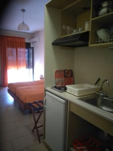 卢特拉艾季普苏Telethrio的一个带水槽的厨房和一张位于客房内的床