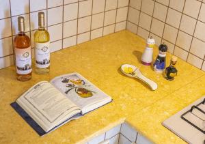 玛丽娜迪曼卡维萨Dimora Smeraldo的厨房柜台的开放式书籍,包括瓶装葡萄酒
