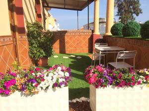 福恩吉罗拉Apartment with private patio的一个带鲜花和桌椅的庭院