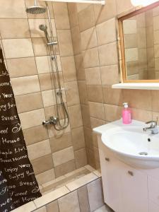 凯里翁Mersina Apartments的带淋浴和盥洗盆的浴室