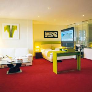 哈特贝格伯斯维德餐饮酒店的一间卧室配有一张床、一台电视和一张沙发