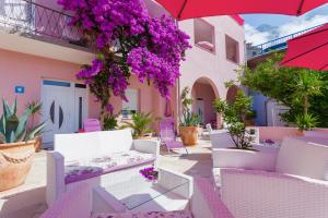马卡尔斯卡Luxury Apartments Marhella & Jakov的庭院配有白色椅子和紫色鲜花