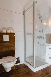法克湖畔埃格Hotel Kanz的浴室设有玻璃淋浴间和卫生间