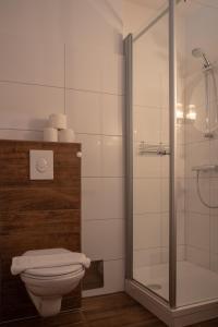 法克湖畔埃格Hotel Kanz的一间带卫生间和玻璃淋浴间的浴室