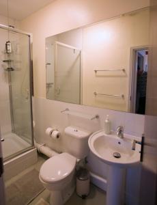 伦敦格兰奇酒吧旅馆的浴室配有卫生间、盥洗盆和淋浴。