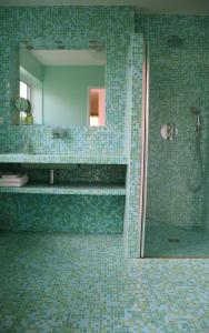 居让梅斯特拉Fare Bambou的绿色瓷砖浴室设有淋浴和镜子