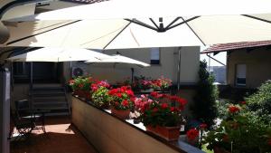 圣莫里吉奥卡瓦纳斯飞天大酒店 的大楼内的阳台,配有鲜花和遮阳伞