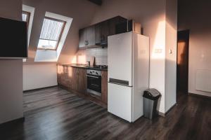 俄斯特拉发Villa u Arény的厨房铺有木地板,配有白色冰箱。