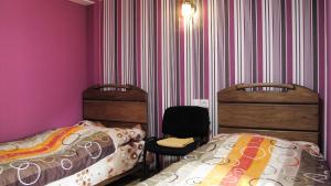 乌树故里Ushguli Panorama Guest House的一间卧室配有两张单人床和一把椅子