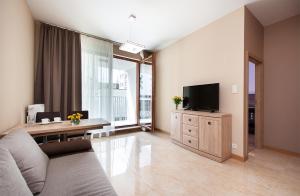华沙Awangarda Home Apartment的带沙发和平面电视的客厅